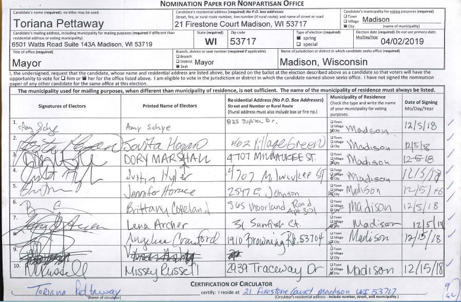 Pettaway nominating petition